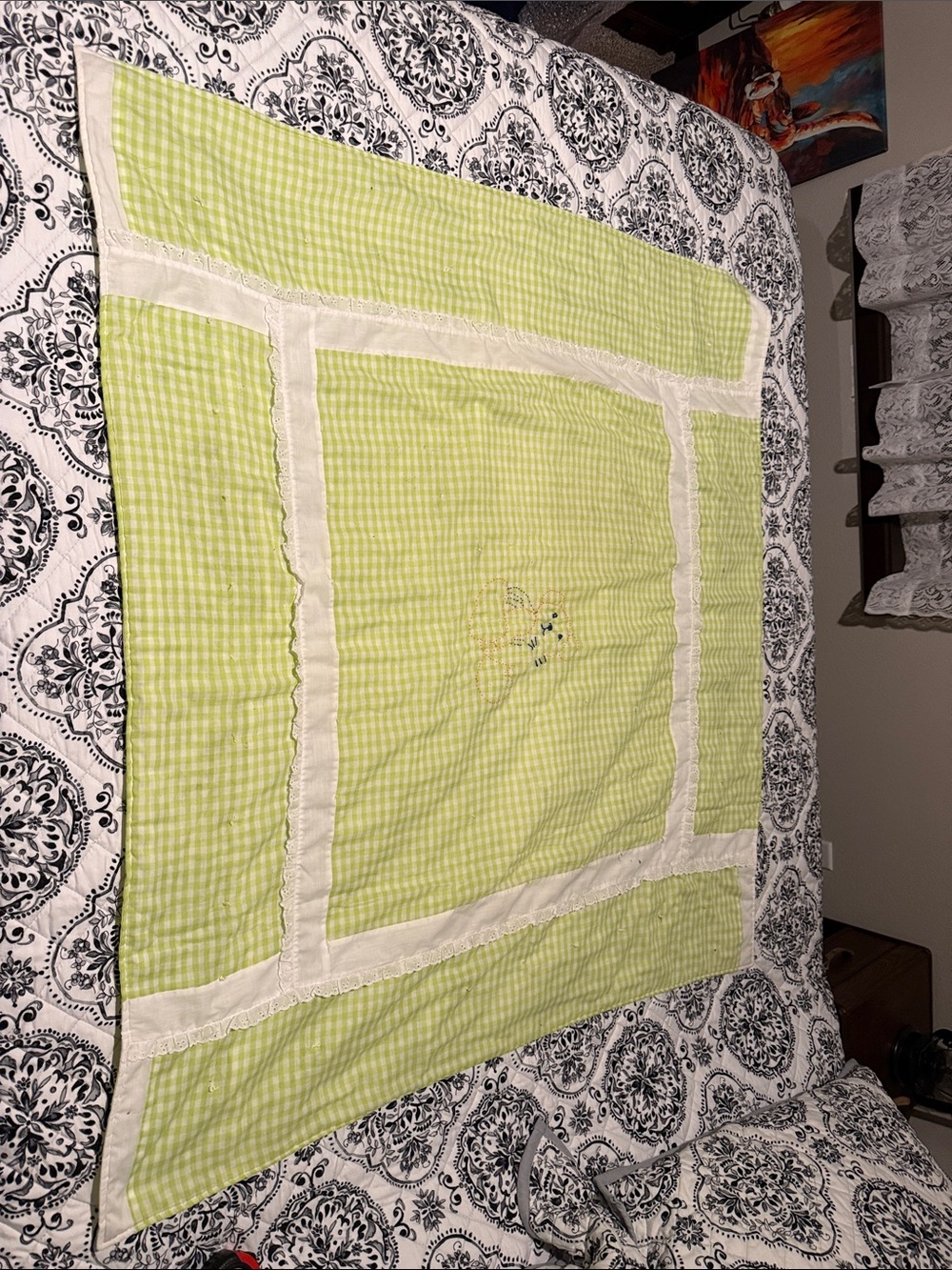 Light Green Gingham Decorative Quilted Throw